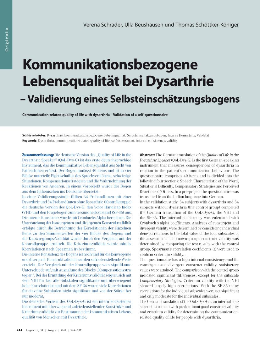 Kommunikationsbezogene Lebensqualität bei Dysarthrie – Validierung eines Selbsteinschätzungsbogens