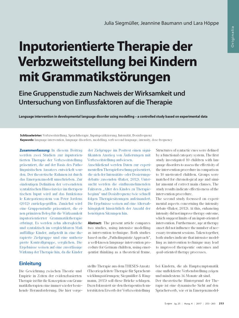 Inputorientierte Therapie der Verbzweitstellung bei Kindern mit Grammatikstörungen