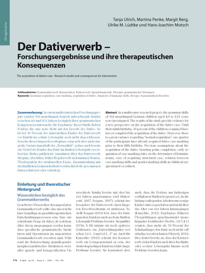 Der Dativerwerb – Forschungsergebnisse und ihre therapeutischen Konsequenzen"