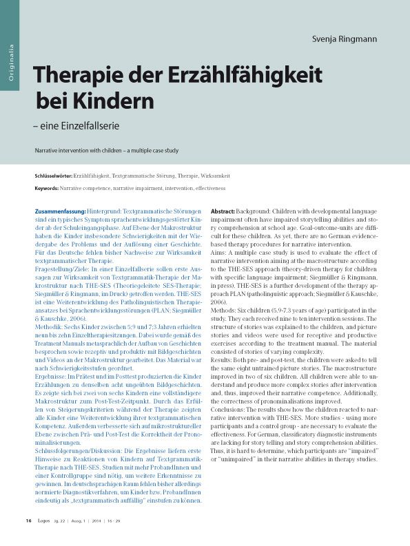 Therapie der Erzählfähigkeit bei Kindern – eine Einzelfallserie