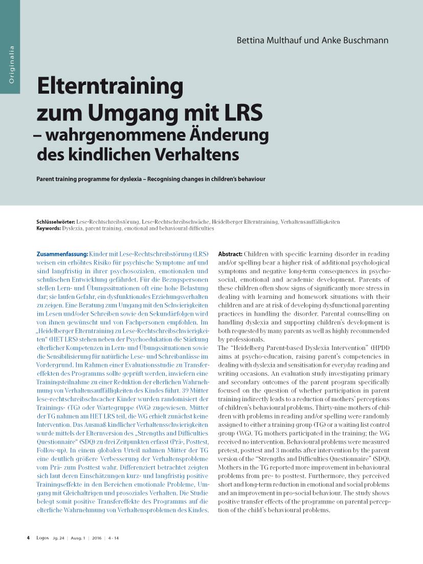 Elterntraining zum Umgang mit LRS – wahrgenommene Änderung des kindlichen Verhaltens