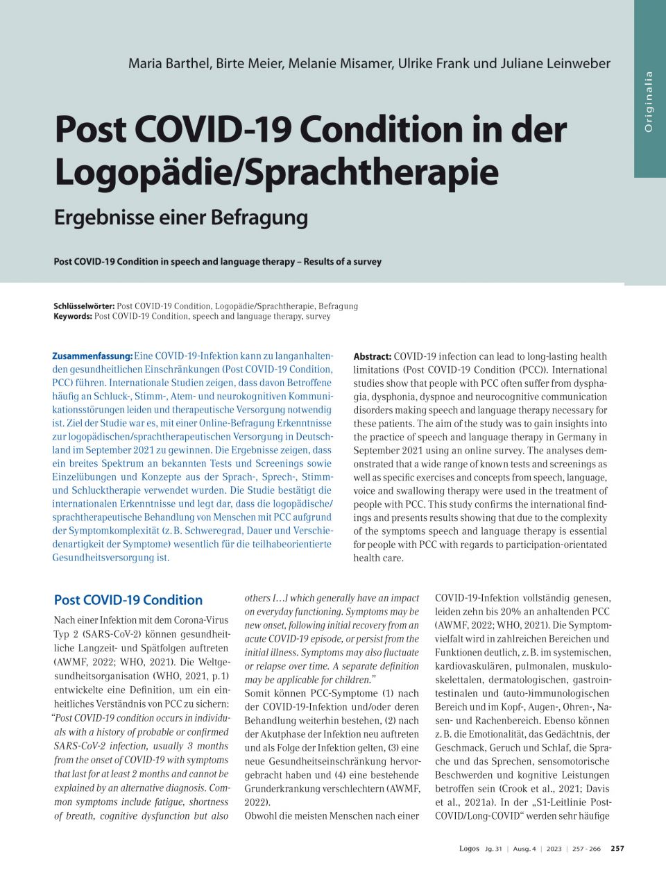 Post COVID-19 Condition in der Logopädie/Sprachtherapie - Ergebnisse einer Befragung