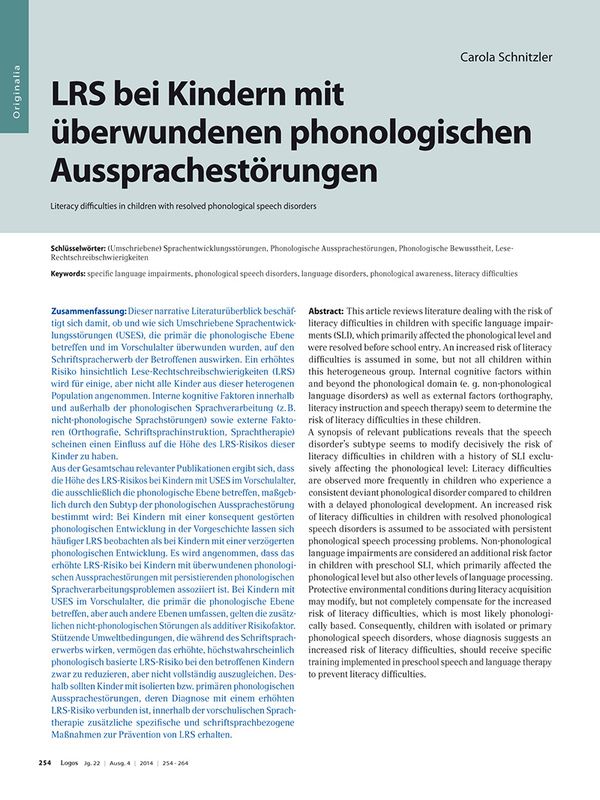 LRS bei Kindern mit überwundenen phonologischen Aussprachestörungen