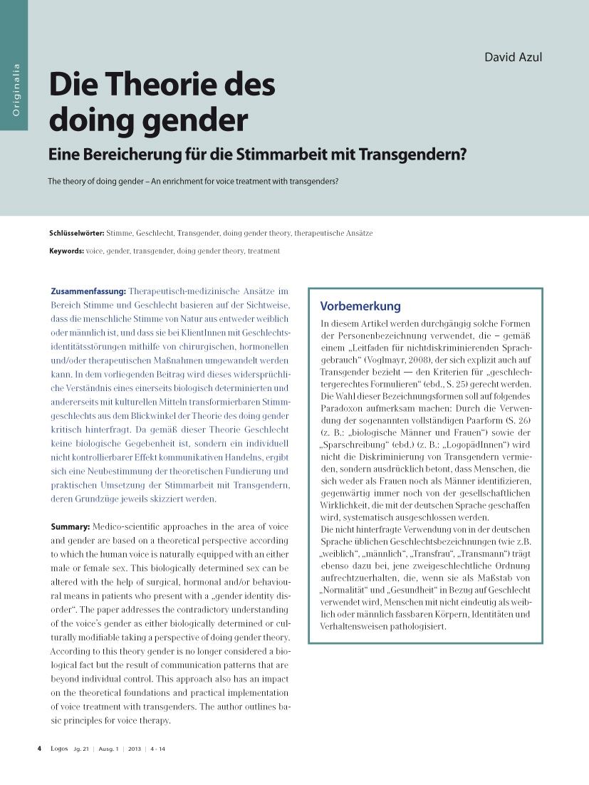 Die Theorie des doing gender - Eine Bereicherung für die Stimmarbeit mit Transgendern?