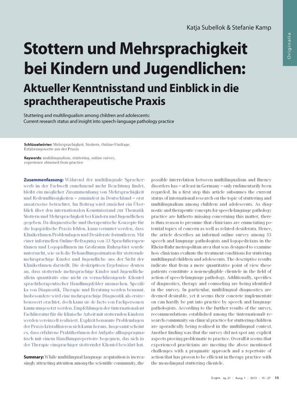 Stottern und Mehrsprachigkeit bei Kindern und Jugendlichen: Aktueller Kenntnisstand und Einblick in die sprachtherapeutische Praxis