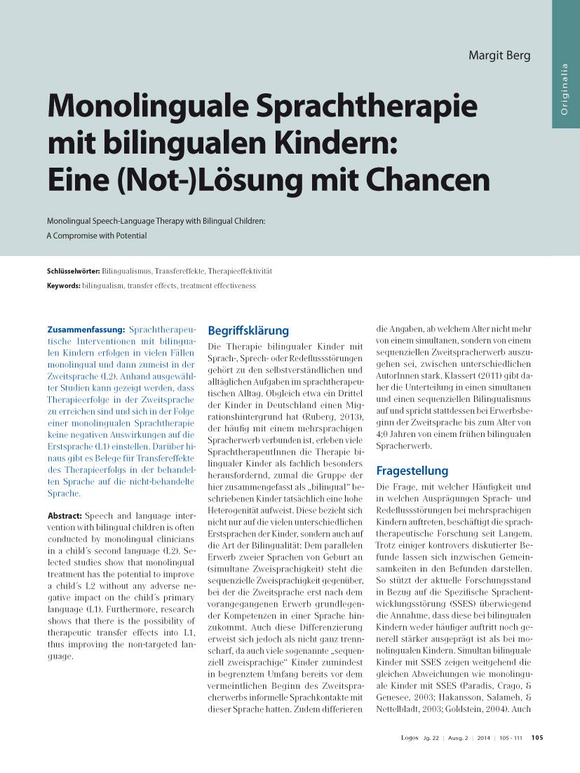 Monolinguale Sprachtherapie mit bilingualen Kindern: Eine (Not-)Lösung mit Chancen