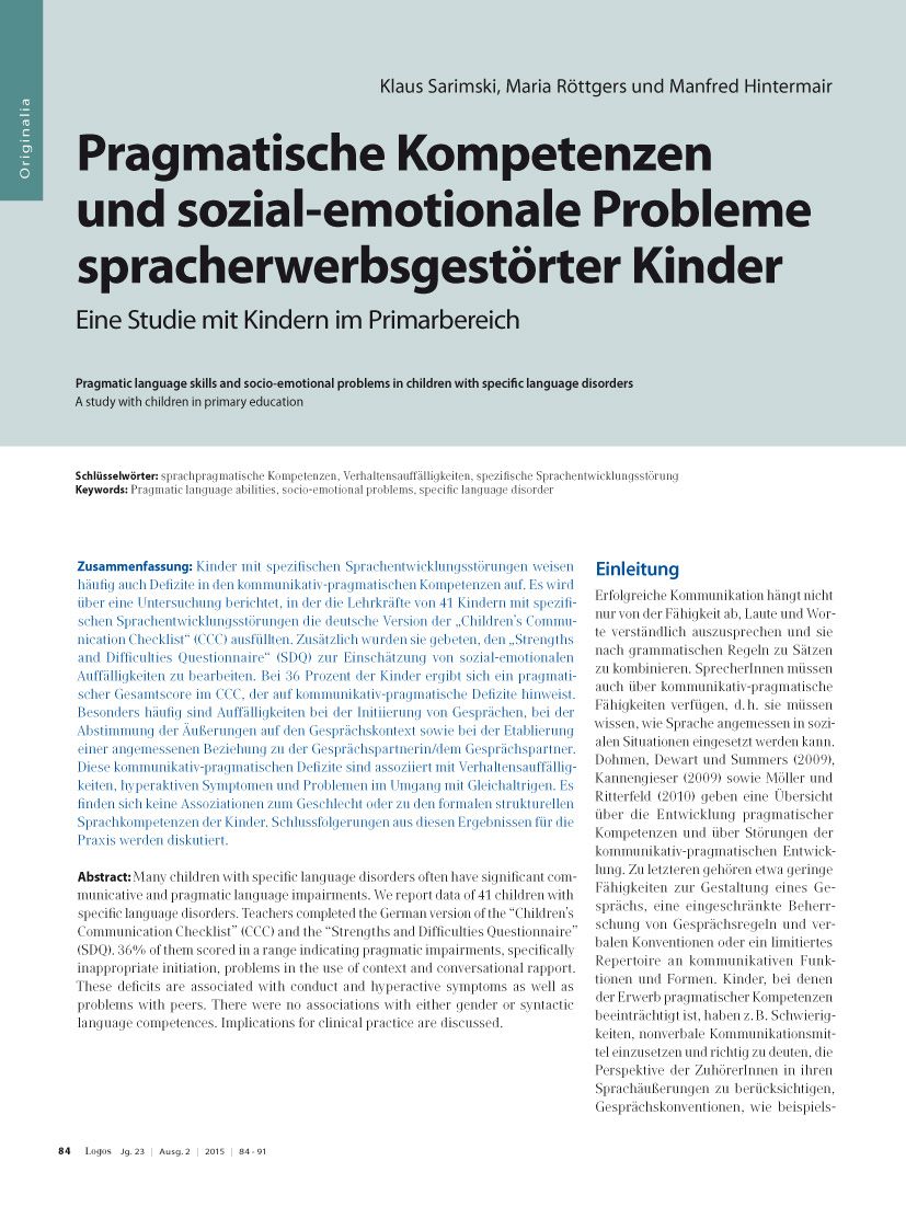 Pragmatische Kompetenzen und sozial-emotionale Probleme spracherwerbsgestörter Kinder