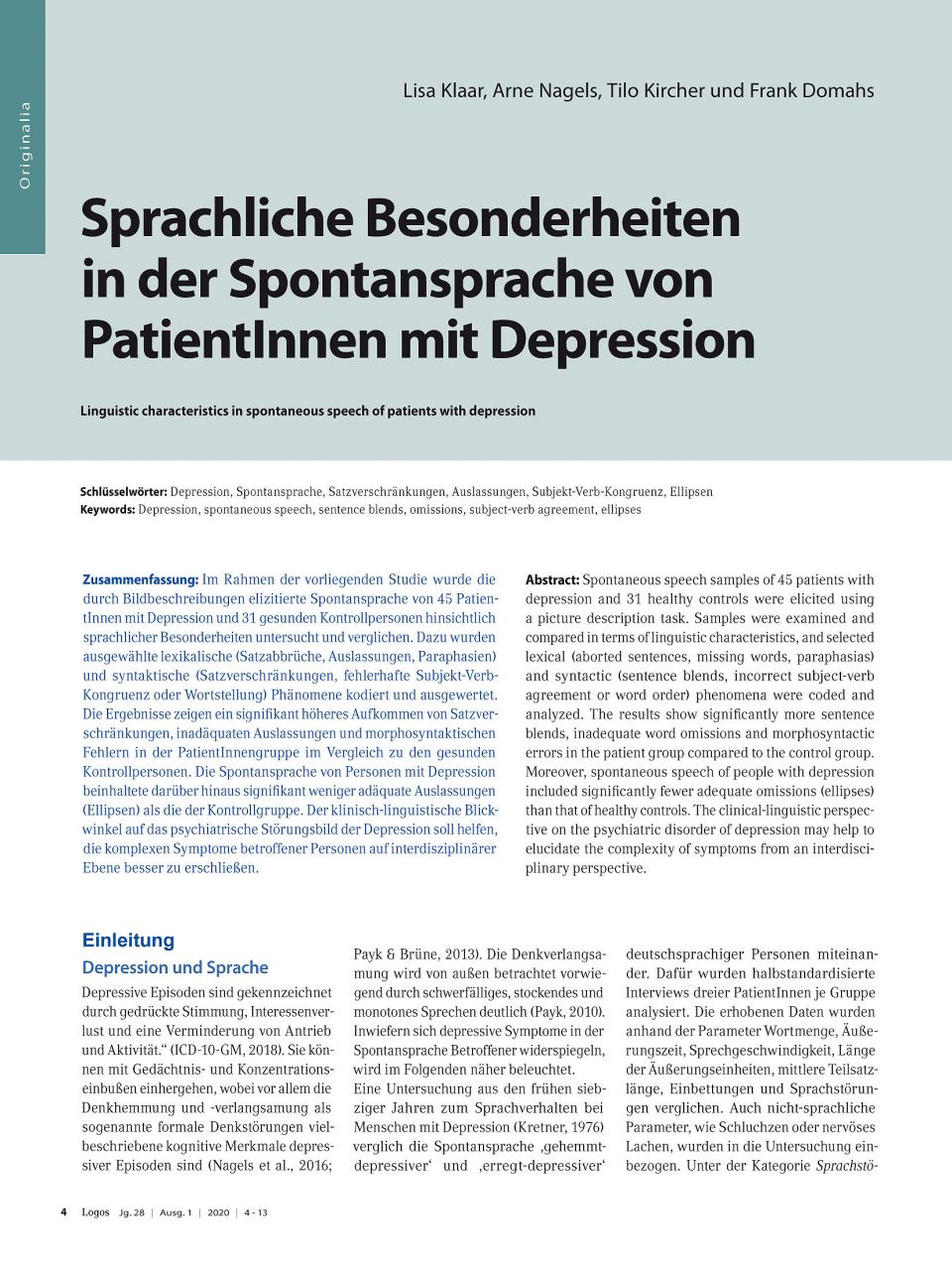 Sprachliche Besonderheiten in der Spontansprache von PatientInnen mit Depression