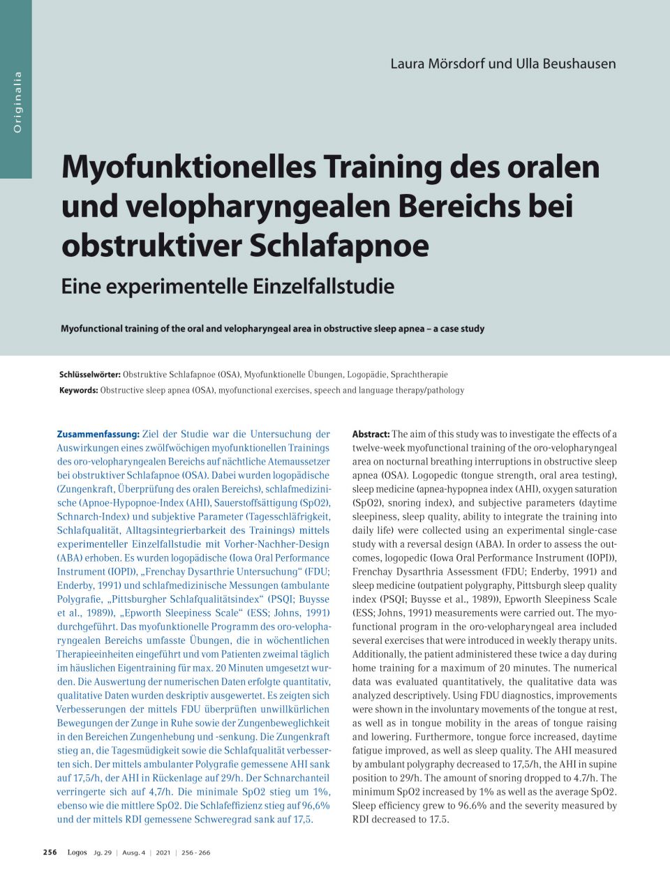 Myofunktionelles Training des oralen und velopharyngealen Bereichs bei obstruktiver Schlafapnoe – eine experimentelle Einzelfallstudie