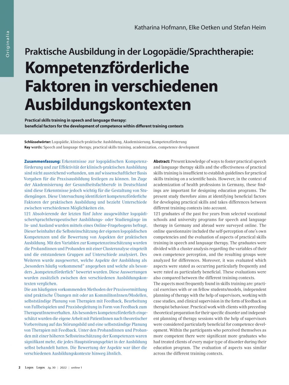 Praktische Ausbildung in der Logopädie/Sprachtherapie: Kompetenzförderliche Faktoren in verschiedenen Ausbildungskontexten