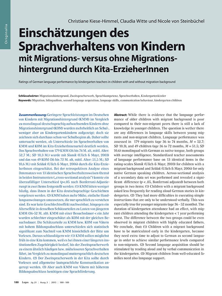 Einschätzungen des Sprachverhaltens von Kindern mit Migrations- versus ohne Migrationshintergrund durch Kita-ErzieherInnen