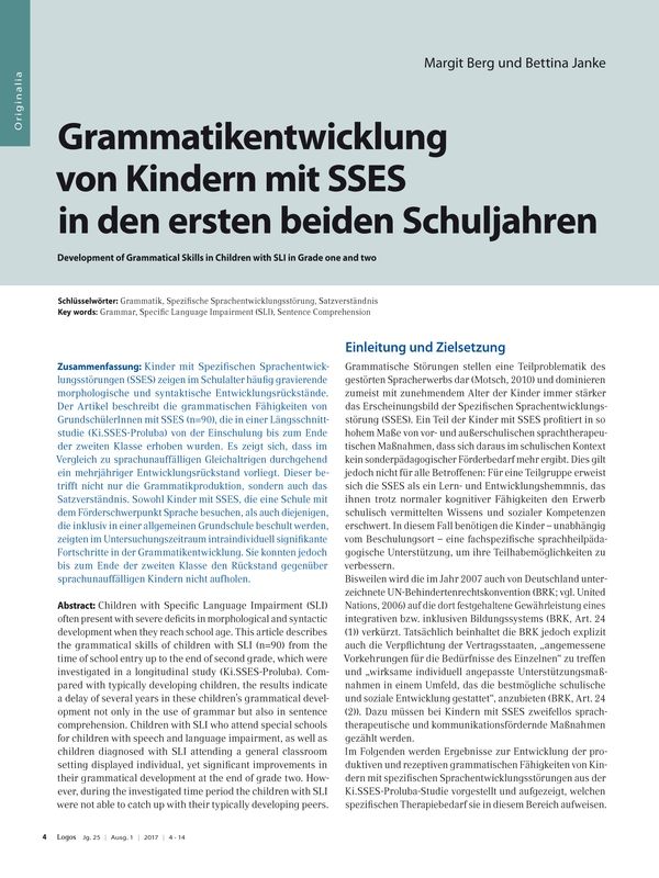 Grammatikentwicklung von Kindern mit SSES in den ersten beiden Schuljahren