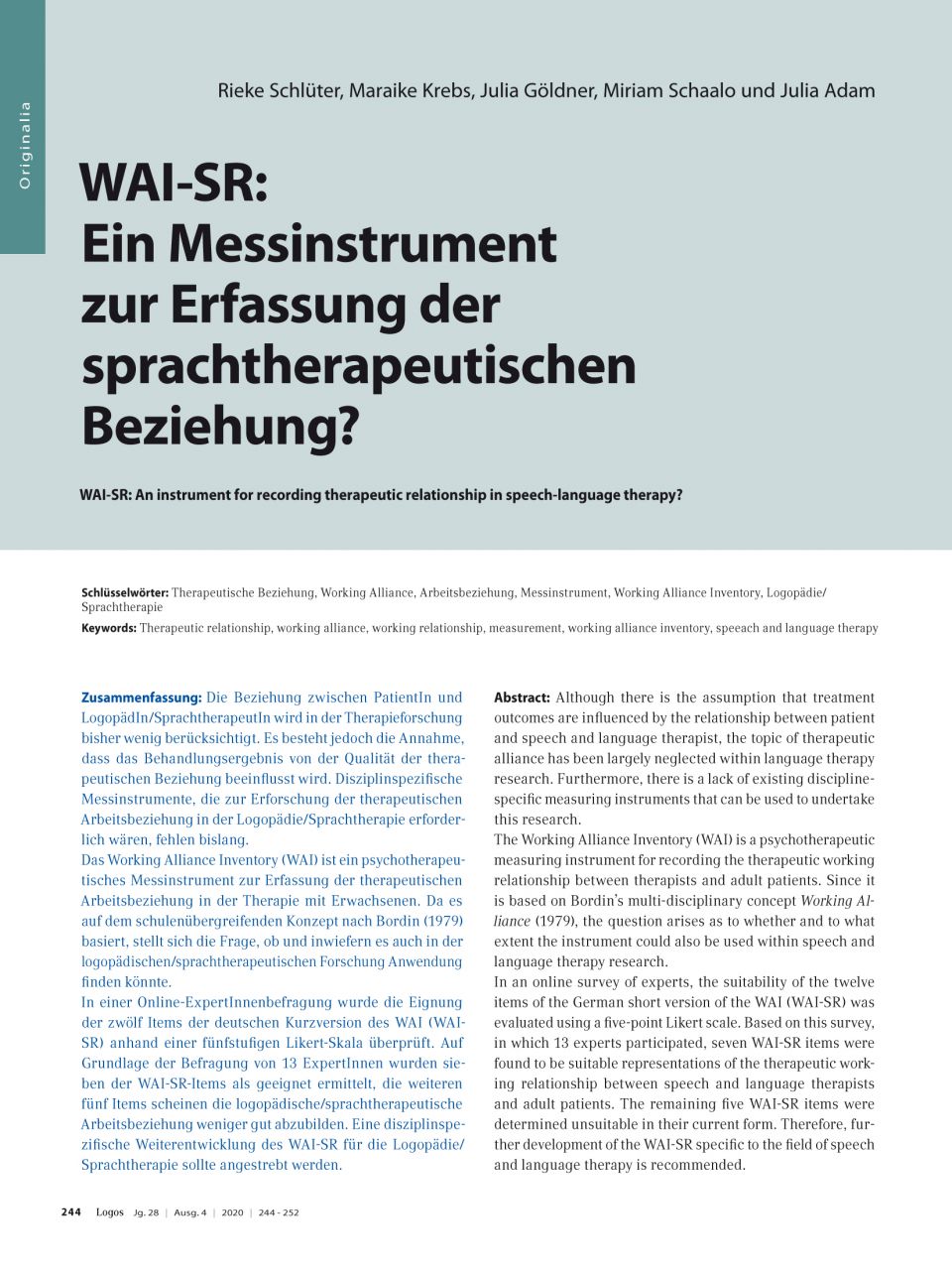 WAI-SR: Ein Messinstrument zur Erfassung der sprachtherapeutischen Beziehung?