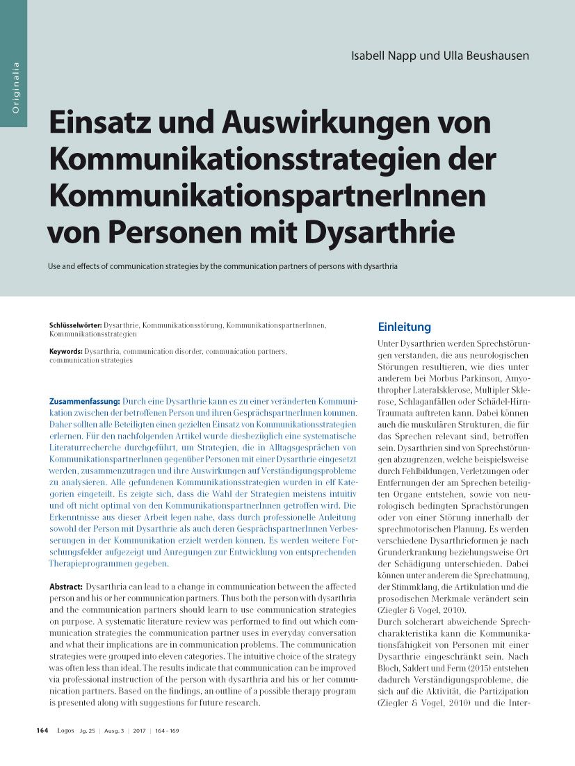 Einsatz und Auswirkungen von Kommunikationsstrategien der KommunikationspartnerInnen von Personen mit Dysarthrie