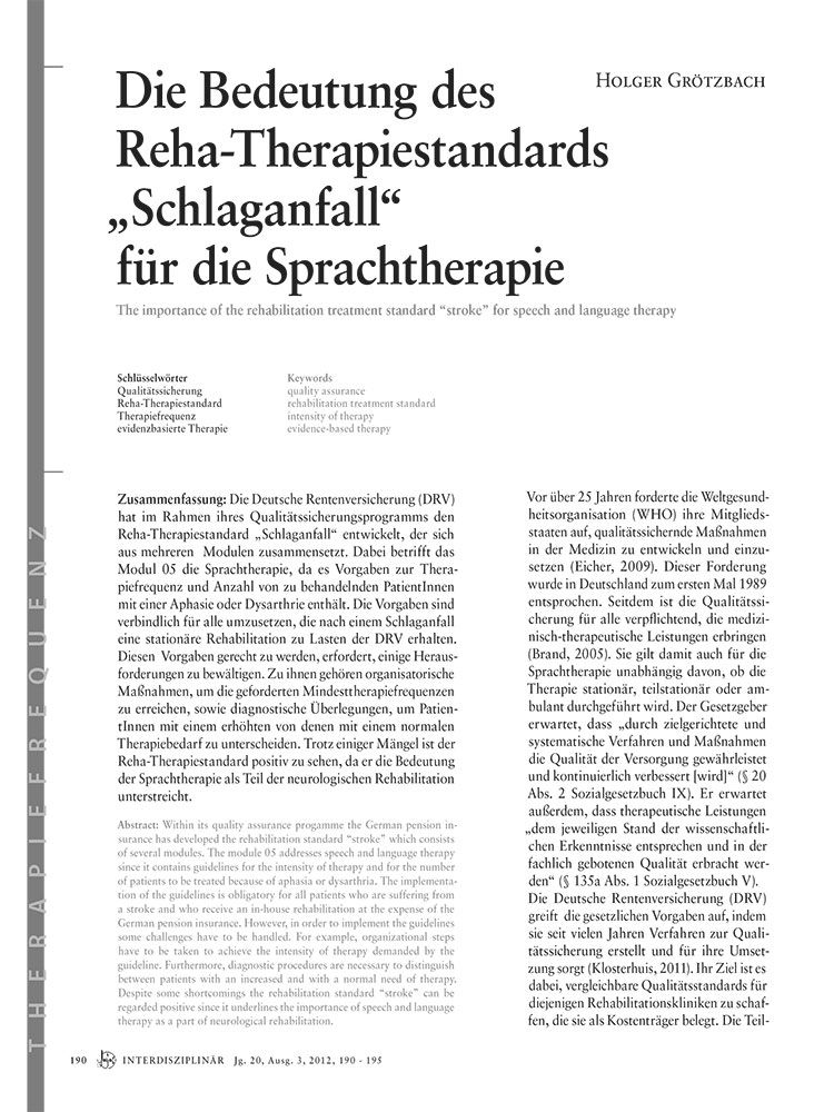 Die Bedeutung des Reha-Therapiestandards "Schlaganfall" für die Sprachtherapie