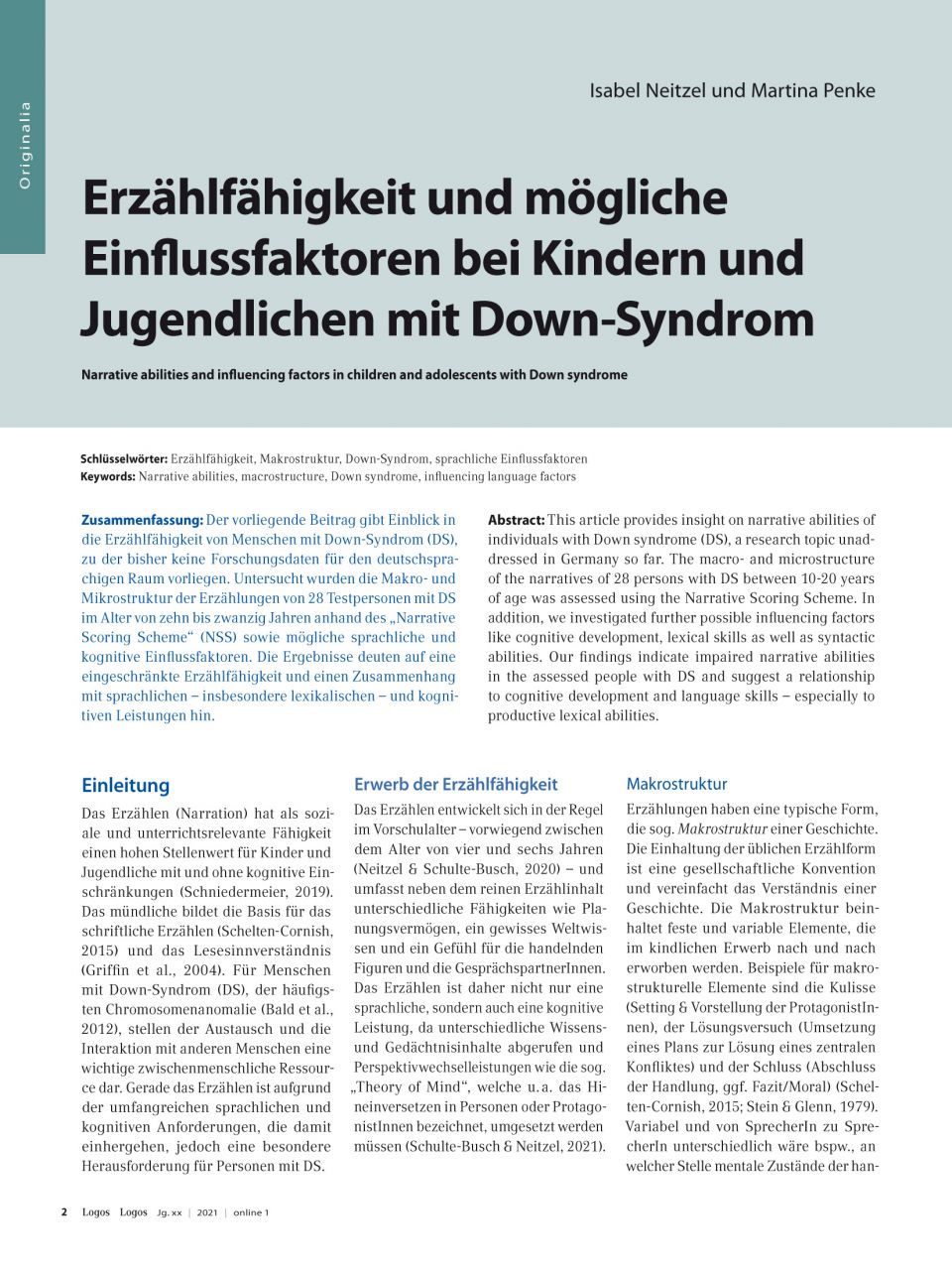 Erzählfähigkeit und mögliche Einflussfaktoren bei Kindern und Jugendlichen mit Down-Syndrom
