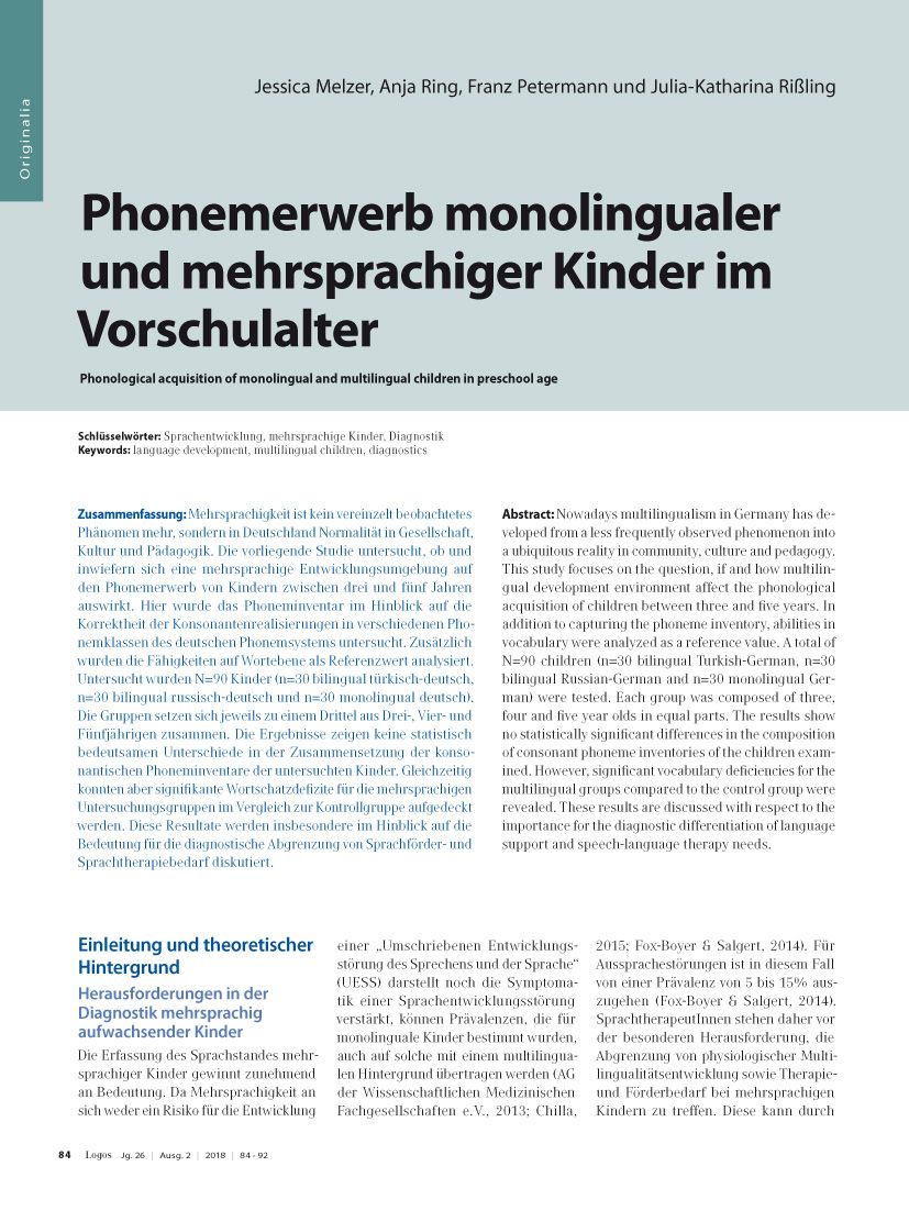 Phonemerwerb monolingualer und mehrsprachiger Kinder im Vorschulalter