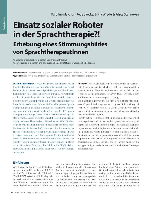 Einsatz sozialer Roboter in der Sprachtherapie?! Erhebung eines Stimmungsbildes von SprachtherapeutInnen