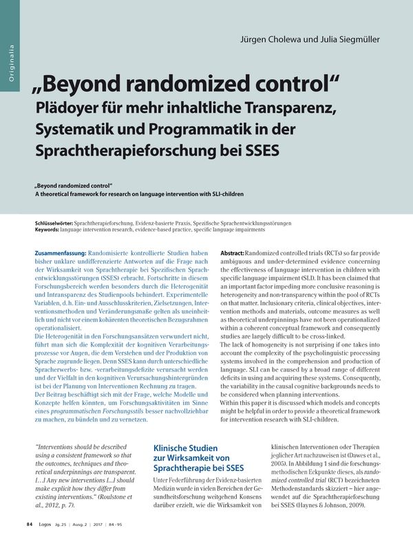„Beyond randomized control“, Plädoyer für mehr inhaltliche Transparenz, Systematik u. Programmatik in d. Sprachtherapieforschung bei SSES