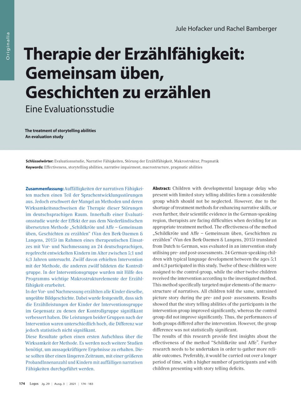 Therapie der Erzählfähigkeit: Gemeinsam üben Geschichten zu erzählen. Eine Evaluationsstudie