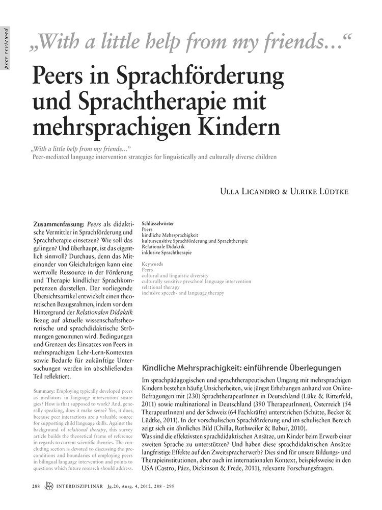 Peers in Sprachförderung und Sprachtherapie mit mehrsprachigen Kindern