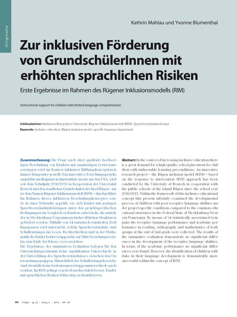 Zur inklusiven Förderung von GrundschülerInnen mit erhöhten sprachlichen Risiken