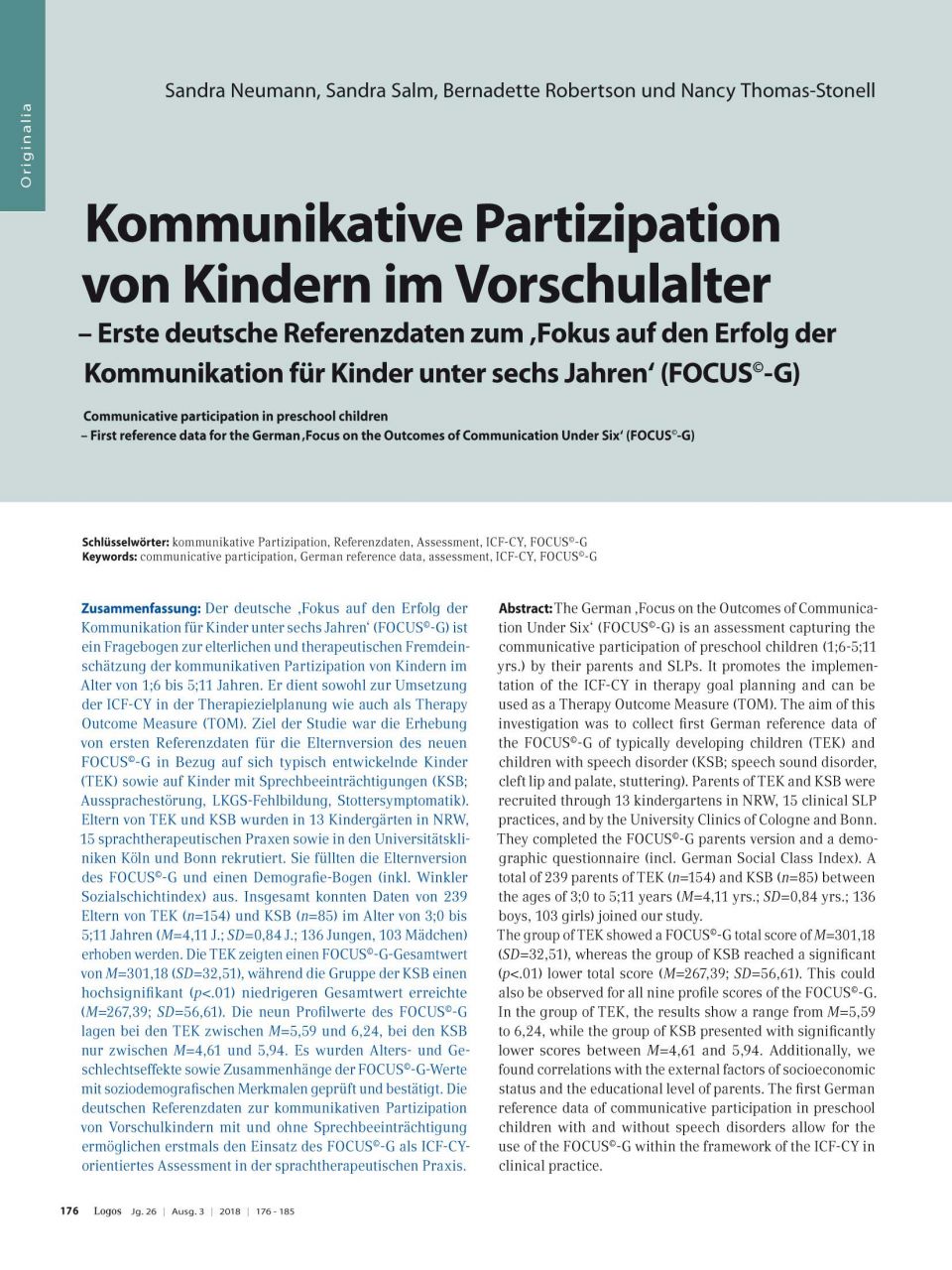 Kommunikative Partizipation von Kindern im Vorschulalter – Erste deutsche Referenzdaten zum "Fokus auf den Erfolg der Kommunikation für Kinder unter sechs Jahren" (FOCUS©-G)