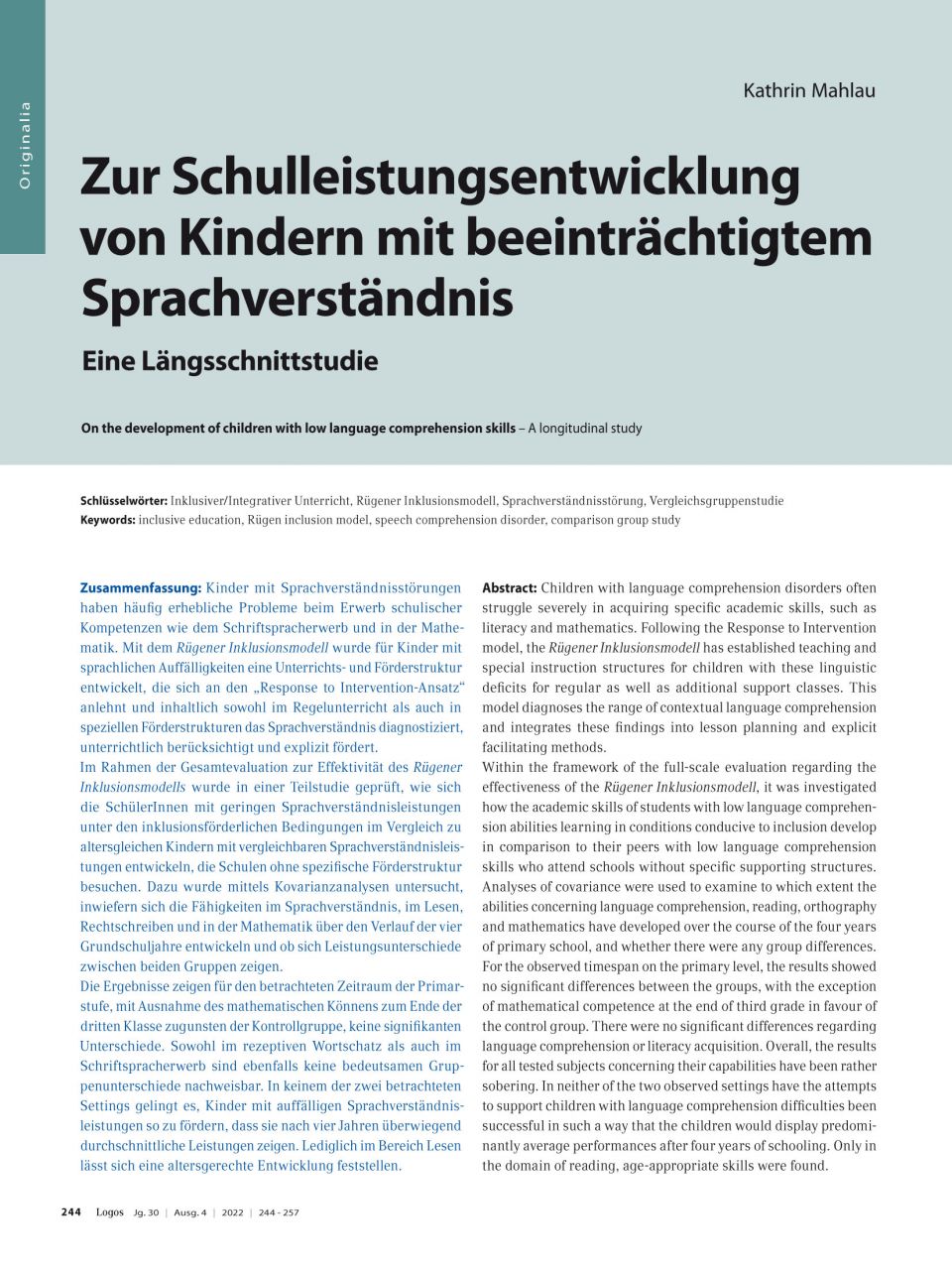 Zur Schulleistungsentwicklung von Kindern mit beeinträchtigtem Sprachverständnis - Eine Längsschnittstudie