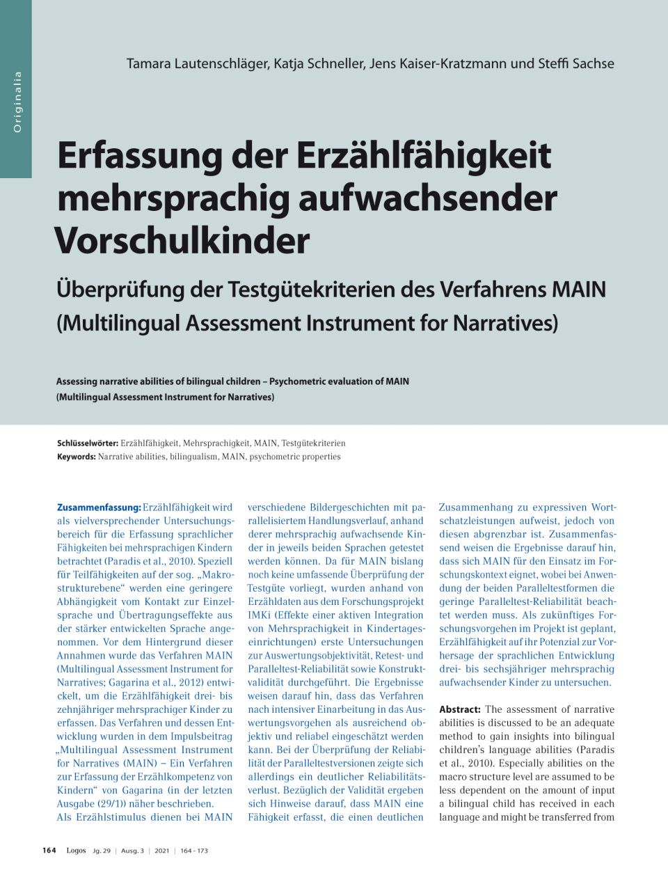 Erfassung der Erzählfähigkeit mehrsprachig aufwachsender Vorschulkinder