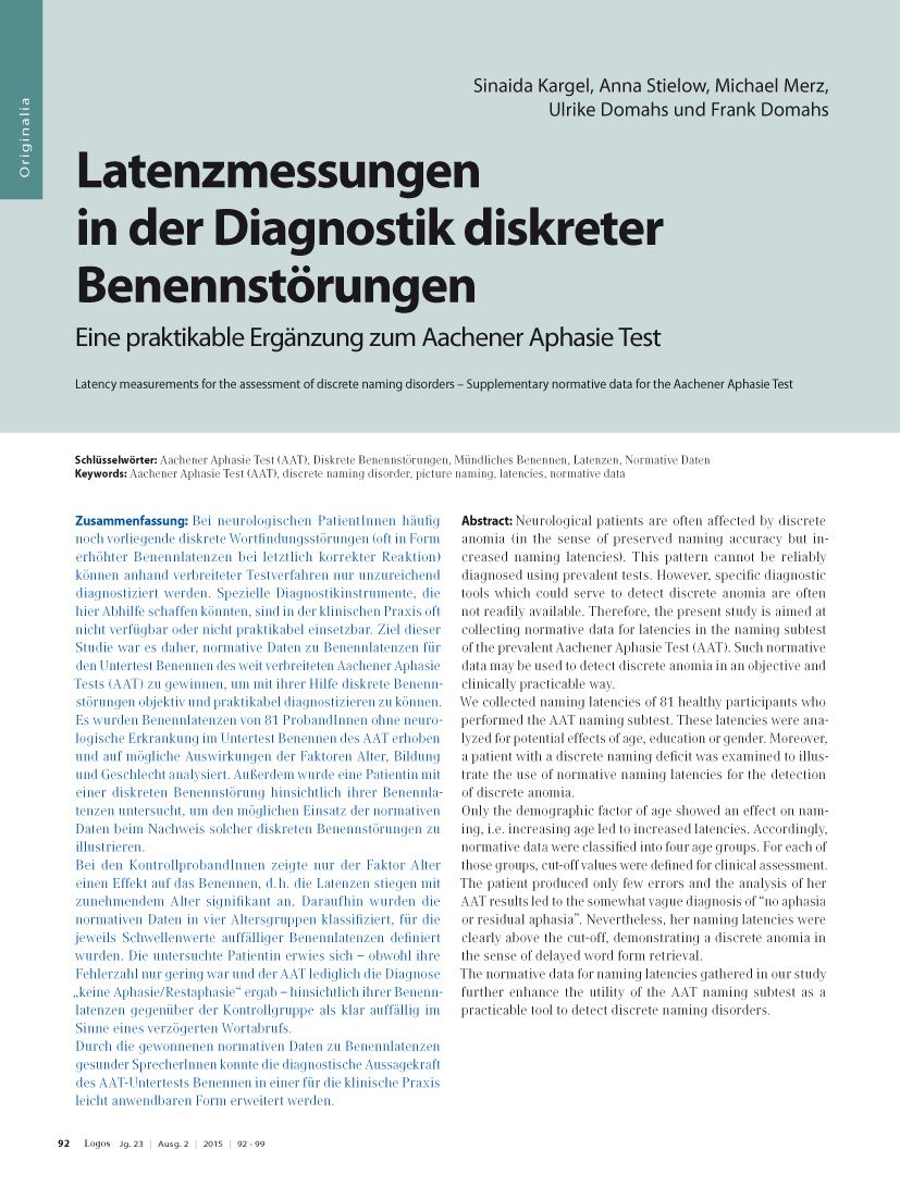 Latenzmessungen in der Diagnostik diskreter Benennstörungen