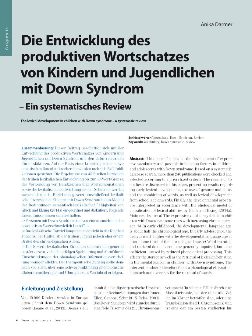 Die Entwicklung des produktiven Wortschatzes von Kindern und Jugendlichen mit Down Syndrom – Ein systematisches Review