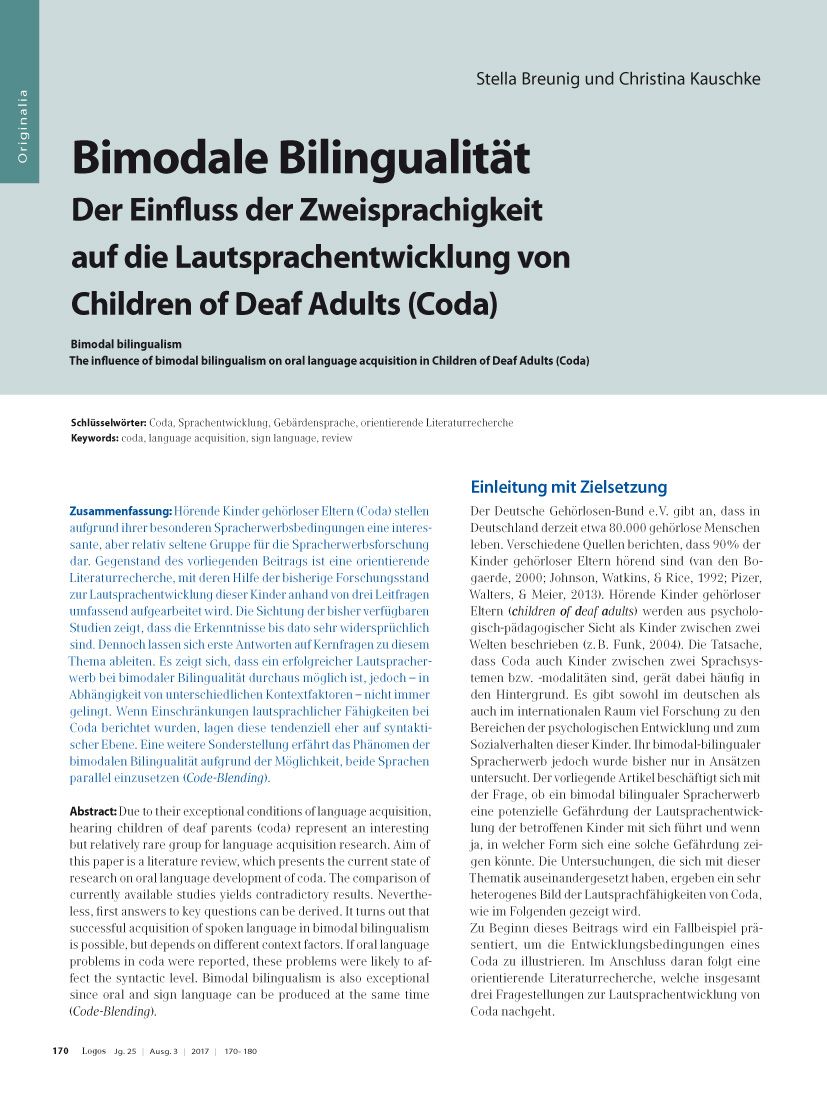 Bimodale Bilingualität Der Einfluss der Zweisprachigkeit auf die Lautsprachentwicklung von Children of Deaf Adults (Coda)