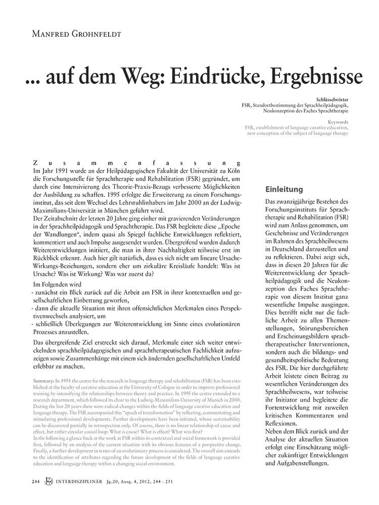 ... auf dem Weg: Eindrücke, Ergebnisse und Weiterentwicklungen.  20 Jahre Forschungsinstitut für Sprachtherapie und Rehabilitation (FSR)