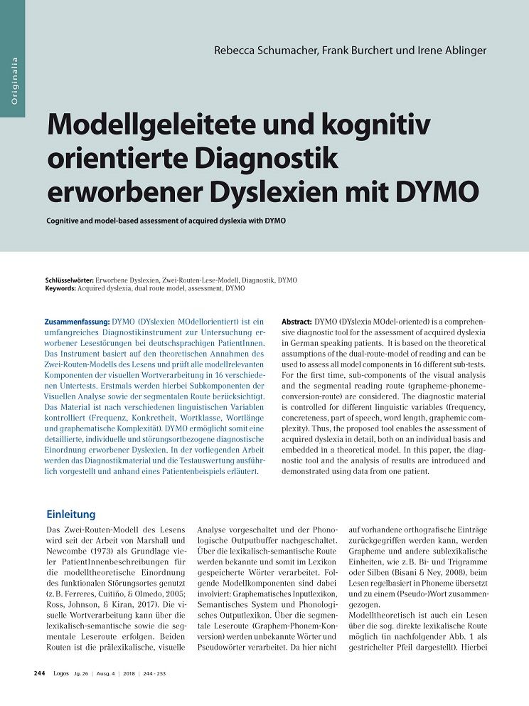 Modellgeleitete und kognitiv orientierte Diagnostik erworbener Dyslexien mit DYMO