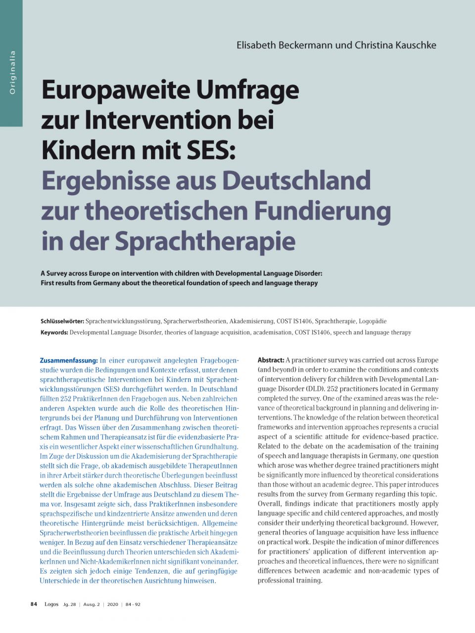 Europaweite Umfrage zur Intervention bei Kindern mit SES: Ergebnisse aus Deutschland zur theoretischen Fundierung in der Sprachtherapie