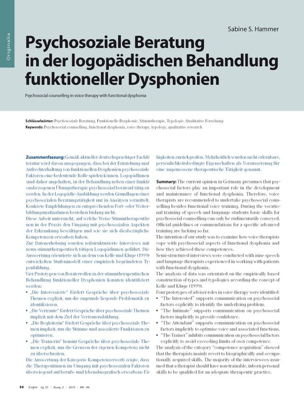 Psychosoziale Beratung in der logopädischen Behandlung funktioneller Dysphonien